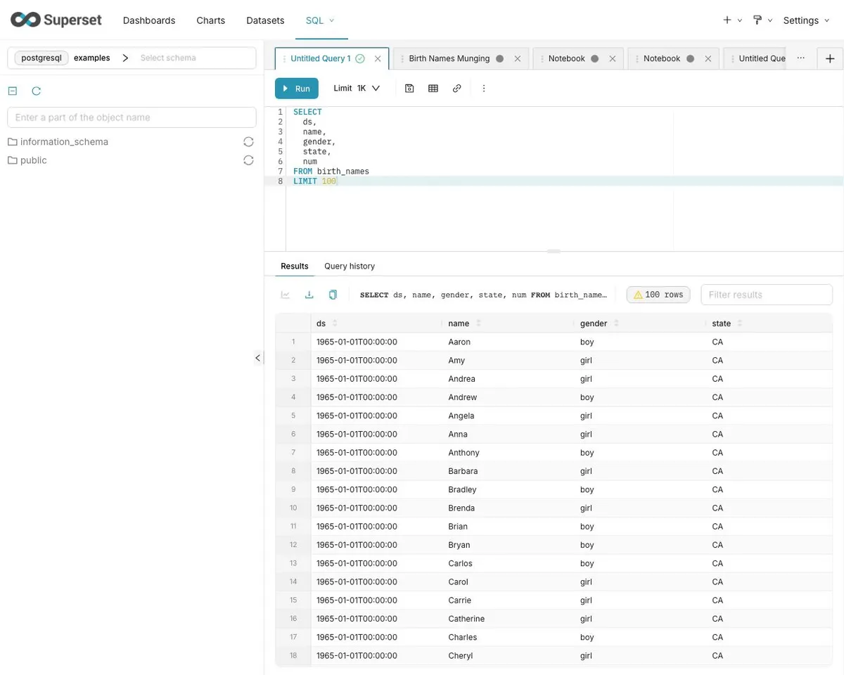 SQL Lab в Apache Superset: редактор запросов с подсветкой синтаксиса и результатами